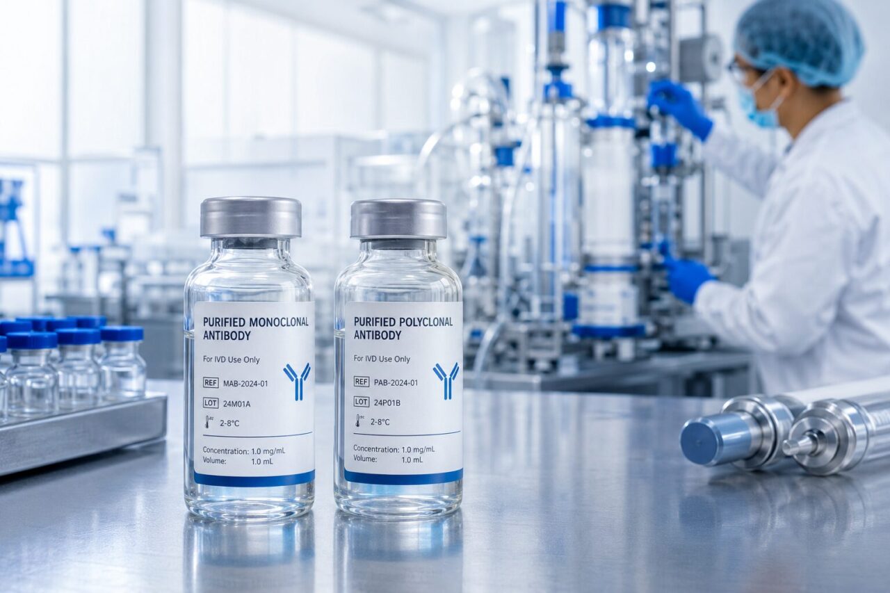 Custom monoclonal polyclonal antibody preparation in GMP cleanroom, IVD diagnostic bulk antibody CDMO purification lab